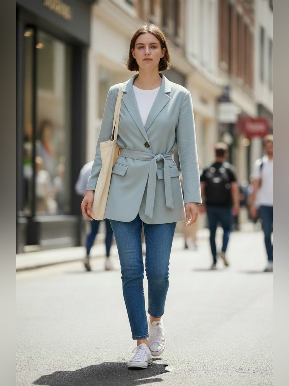 JustFab Baby Blue Belted Single-Button Blazer